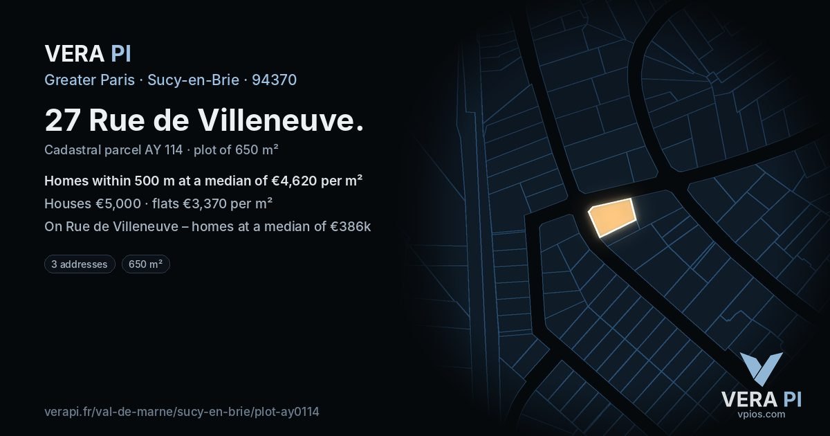 27 Rue de Villeneuve, Sucy-en-Brie at night – the plot lit, the parcels around coloured by the prices near them