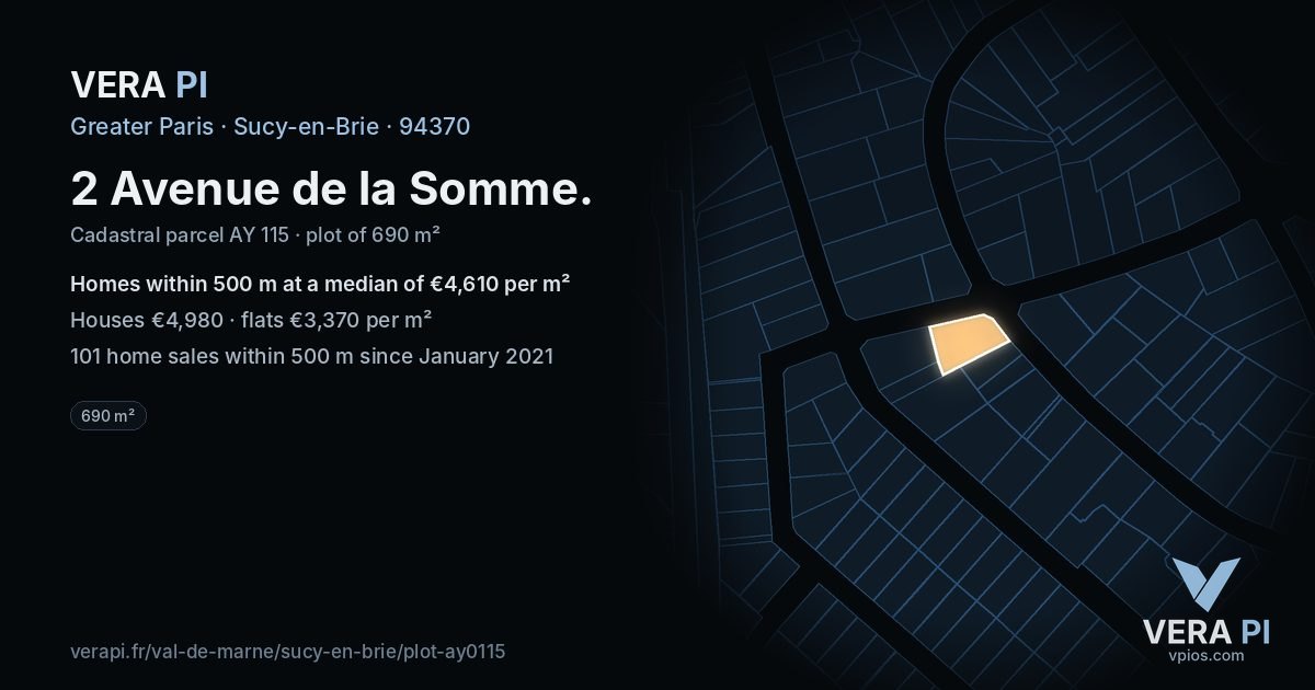 2 Avenue de la Somme, Sucy-en-Brie at night – the plot lit, the parcels around coloured by the prices near them