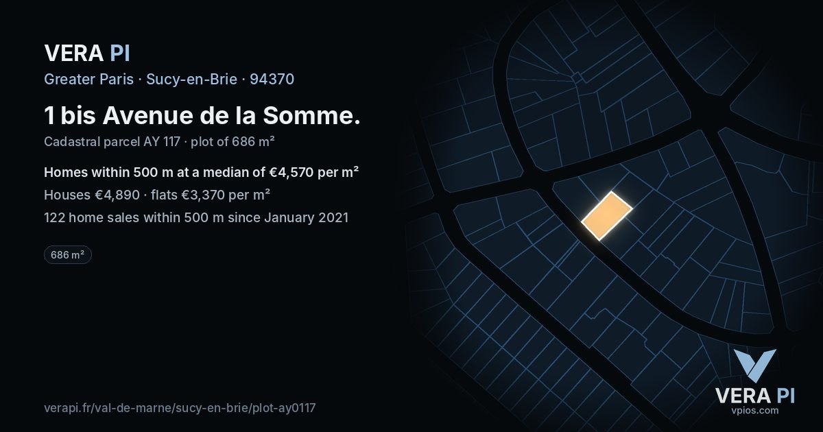 1 bis Avenue de la Somme, Sucy-en-Brie at night – the plot lit, the parcels around coloured by the prices near them
