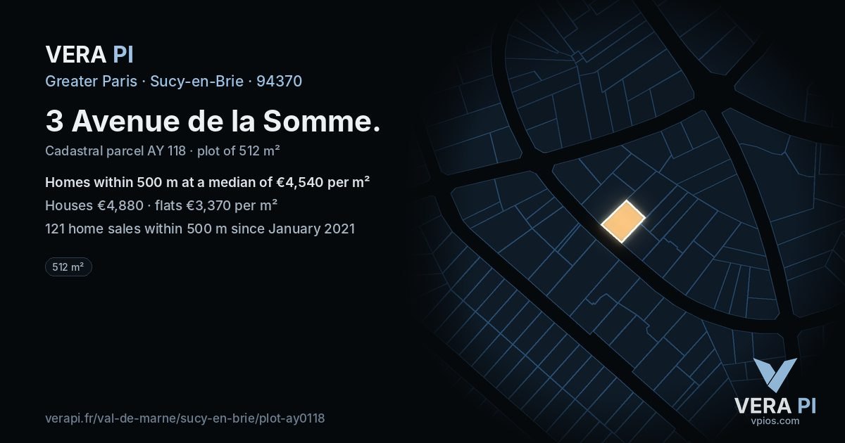 3 Avenue de la Somme, Sucy-en-Brie at night – the plot lit, the parcels around coloured by the prices near them