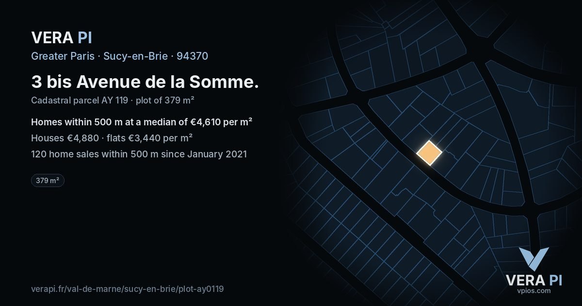 3 bis Avenue de la Somme, Sucy-en-Brie at night – the plot lit, the parcels around coloured by the prices near them