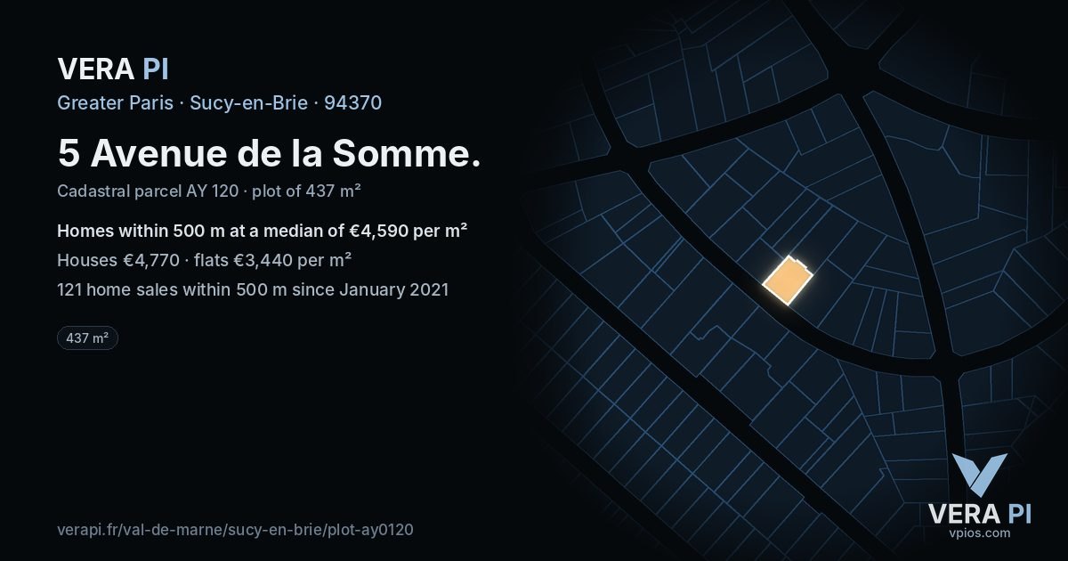 5 Avenue de la Somme, Sucy-en-Brie at night – the plot lit, the parcels around coloured by the prices near them