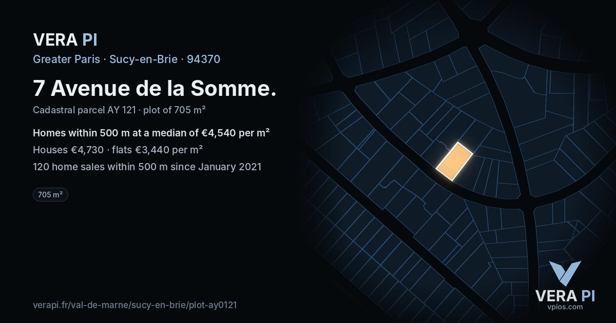 7 Avenue de la Somme, Sucy-en-Brie at night – the plot lit, the parcels around coloured by the prices near them