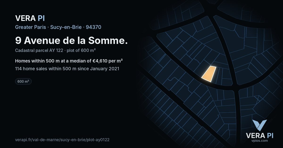 9 Avenue de la Somme, Sucy-en-Brie at night – the plot lit, the parcels around coloured by the prices near them