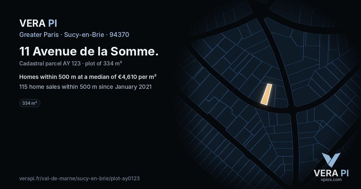11 Avenue de la Somme, Sucy-en-Brie at night – the plot lit, the parcels around coloured by the prices near them
