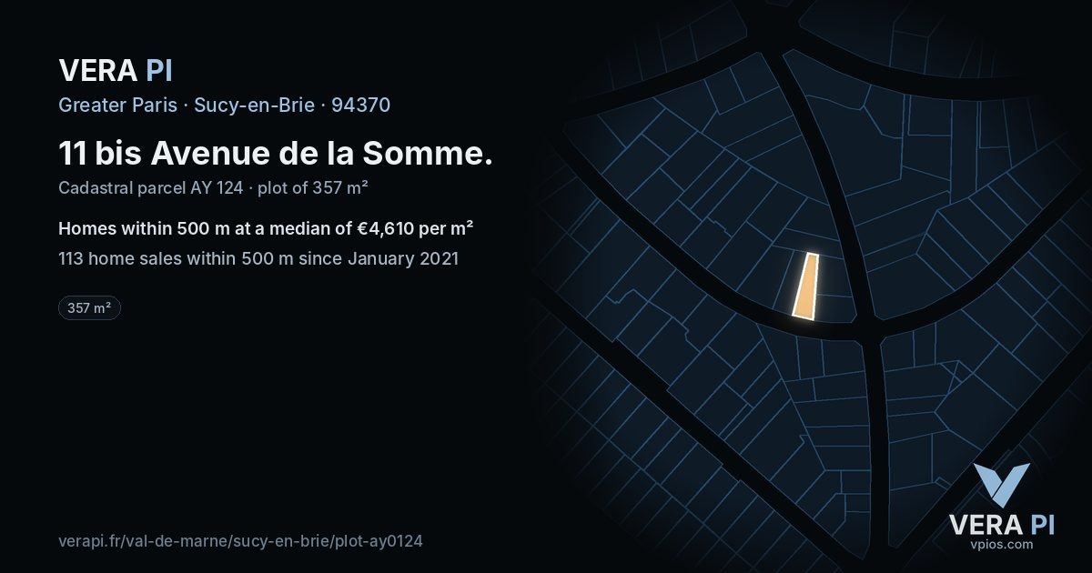 11 bis Avenue de la Somme, Sucy-en-Brie at night – the plot lit, the parcels around coloured by the prices near them