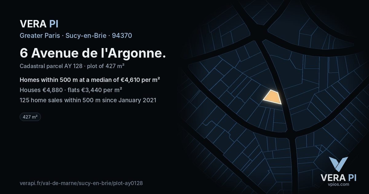 6 Avenue de l'Argonne, Sucy-en-Brie at night – the plot lit, the parcels around coloured by the prices near them