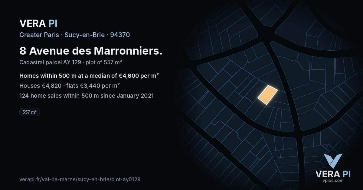8 Avenue des Marronniers, Sucy-en-Brie at night – the plot lit, the parcels around coloured by the prices near them