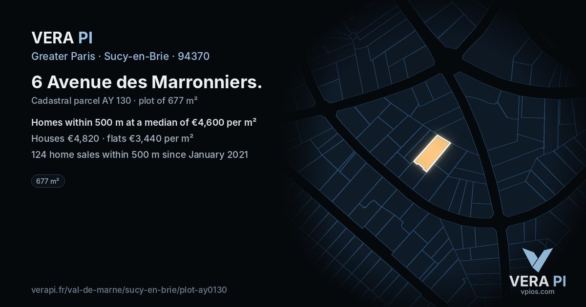 6 Avenue des Marronniers, Sucy-en-Brie at night – the plot lit, the parcels around coloured by the prices near them