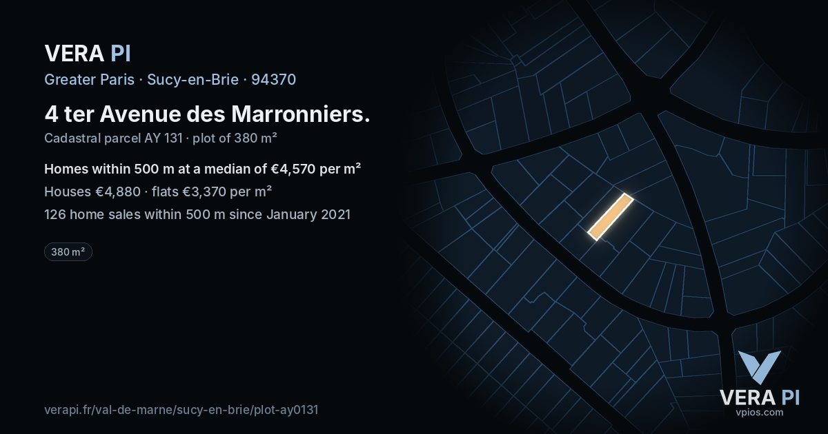 4 ter Avenue des Marronniers, Sucy-en-Brie at night – the plot lit, the parcels around coloured by the prices near them
