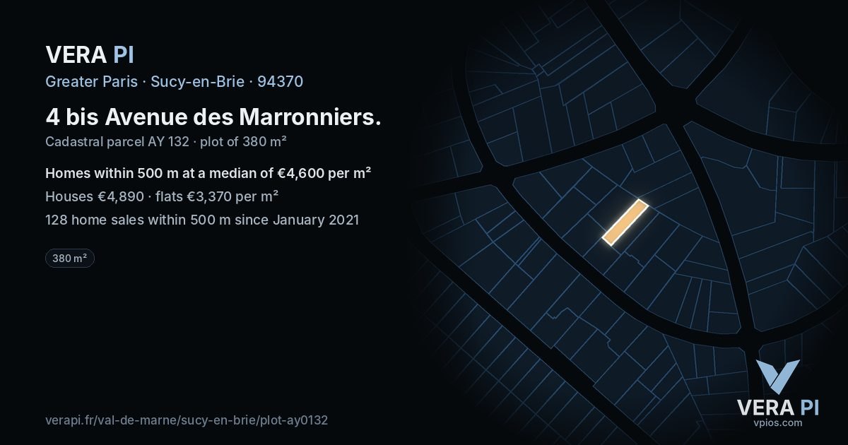 4 bis Avenue des Marronniers, Sucy-en-Brie at night – the plot lit, the parcels around coloured by the prices near them