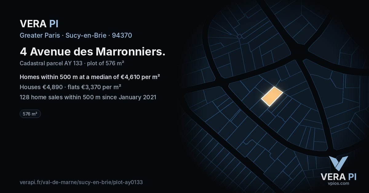 4 Avenue des Marronniers, Sucy-en-Brie at night – the plot lit, the parcels around coloured by the prices near them