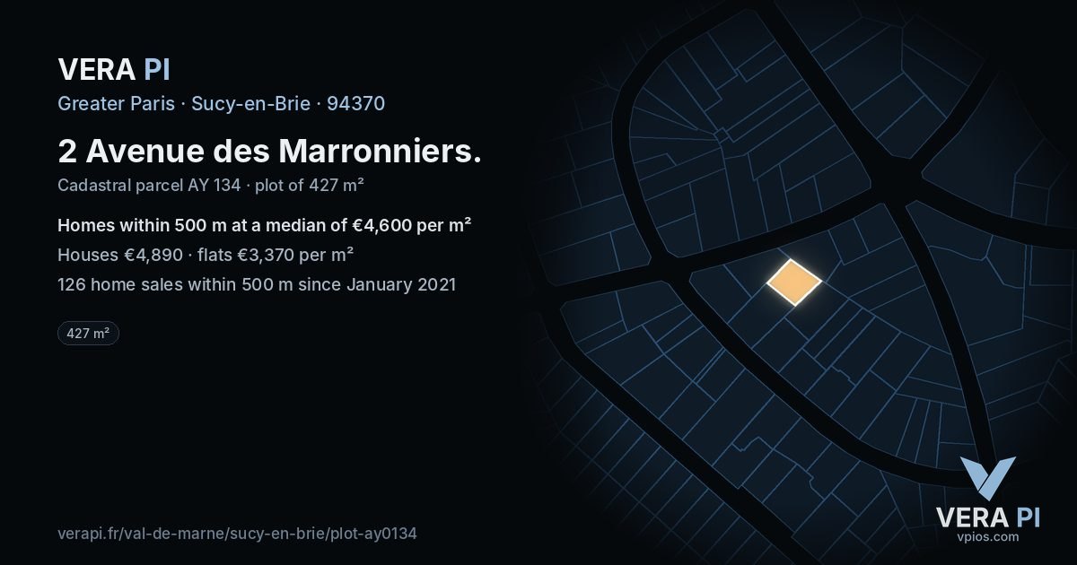 2 Avenue des Marronniers, Sucy-en-Brie at night – the plot lit, the parcels around coloured by the prices near them