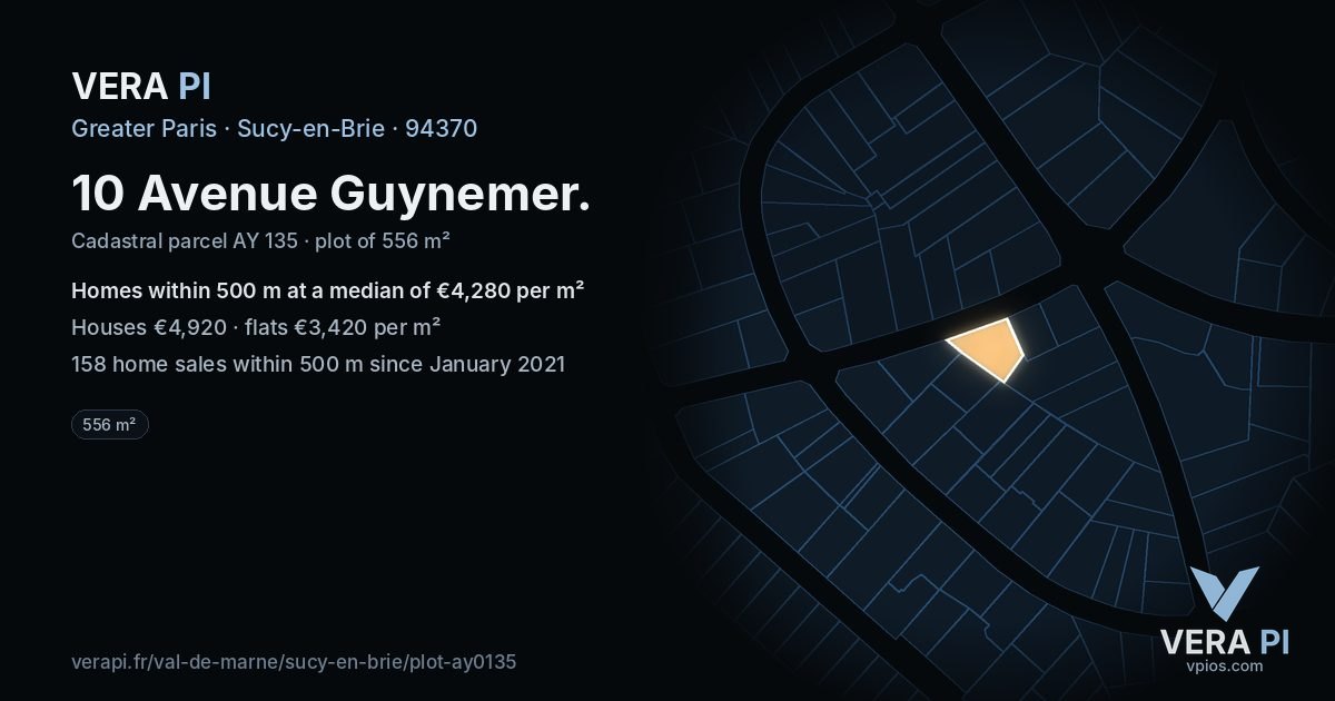 10 Avenue Guynemer, Sucy-en-Brie at night – the plot lit, the parcels around coloured by the prices near them