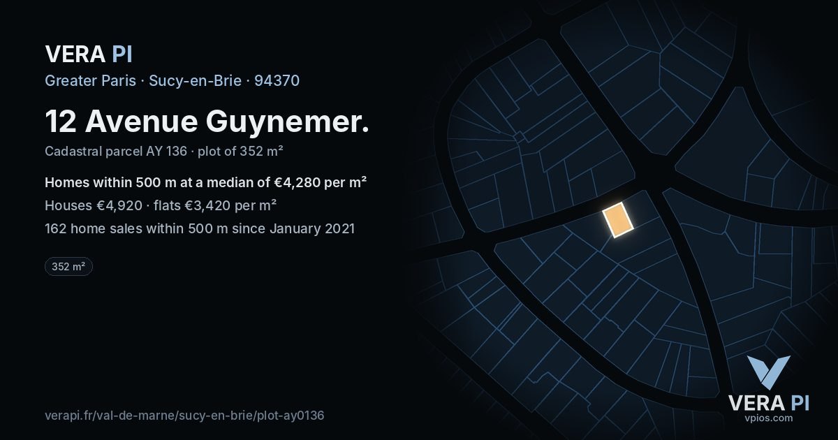 12 Avenue Guynemer, Sucy-en-Brie at night – the plot lit, the parcels around coloured by the prices near them