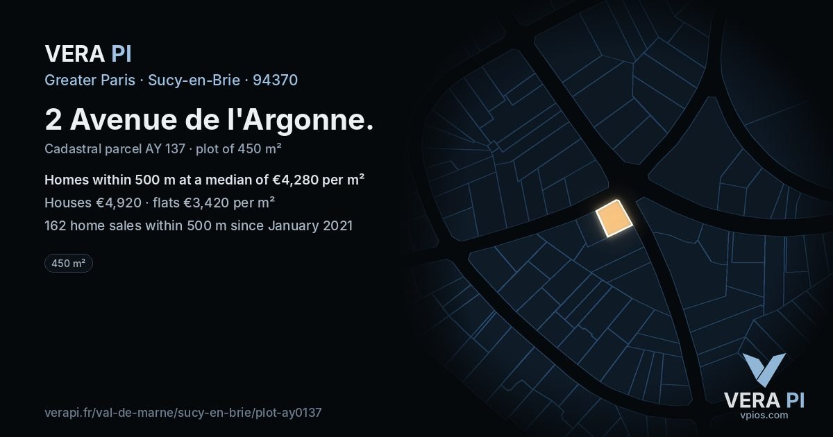 2 Avenue de l'Argonne, Sucy-en-Brie at night – the plot lit, the parcels around coloured by the prices near them