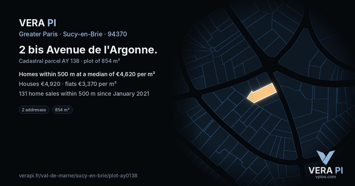 2 bis Avenue de l'Argonne, Sucy-en-Brie at night – the plot lit, the parcels around coloured by the prices near them