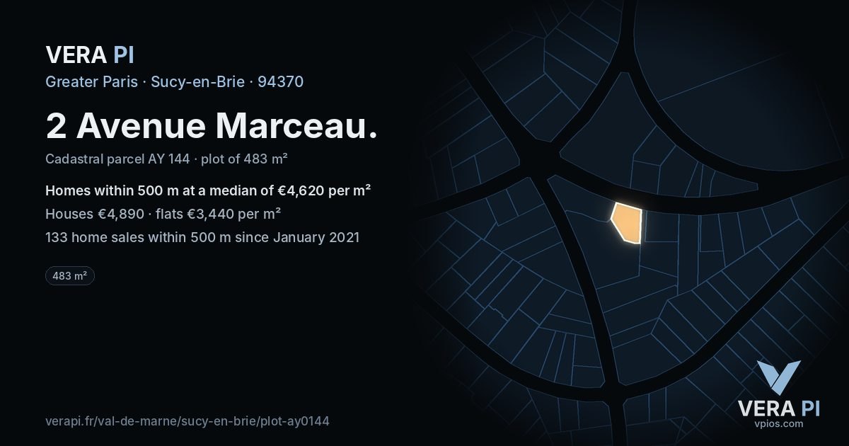 2 Avenue Marceau, Sucy-en-Brie at night – the plot lit, the parcels around coloured by the prices near them