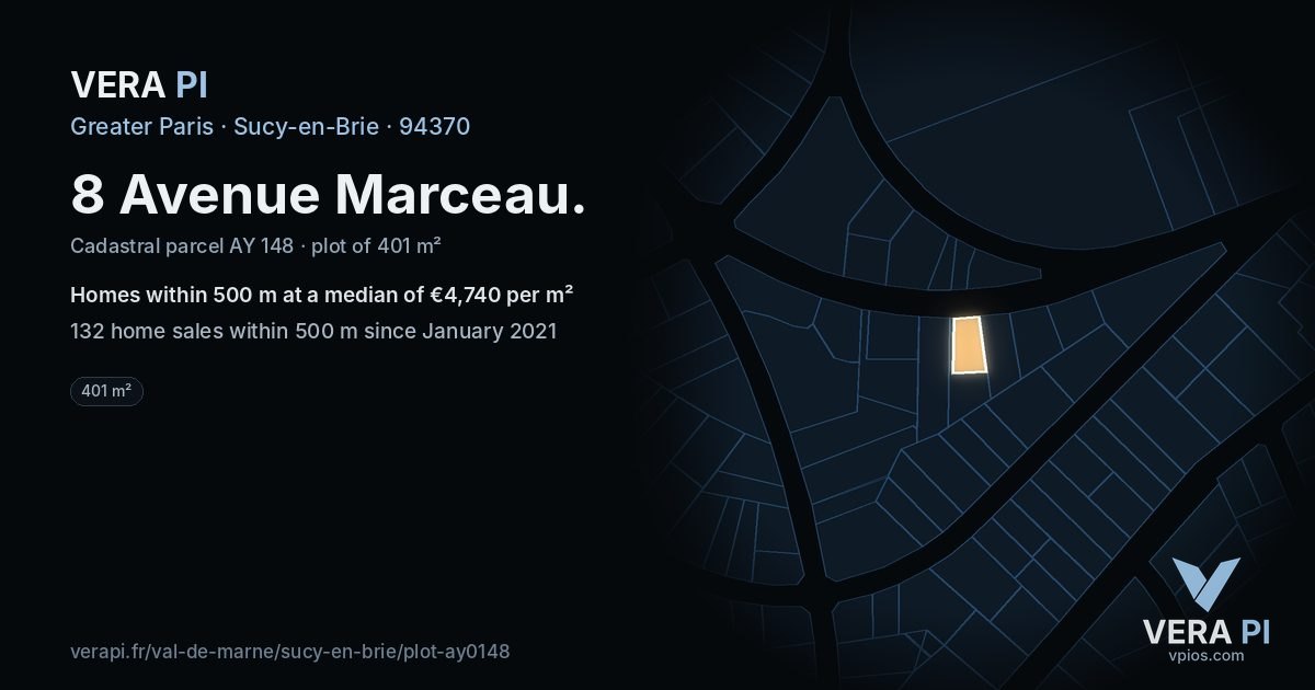 8 Avenue Marceau, Sucy-en-Brie at night – the plot lit, the parcels around coloured by the prices near them