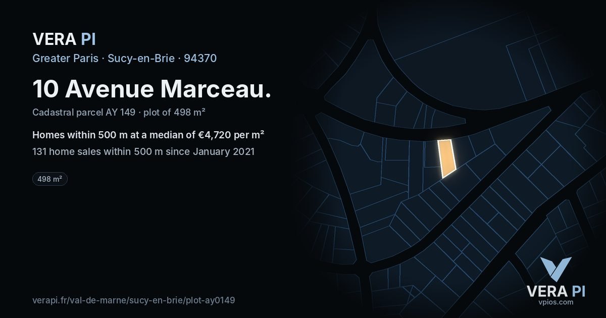 10 Avenue Marceau, Sucy-en-Brie at night – the plot lit, the parcels around coloured by the prices near them