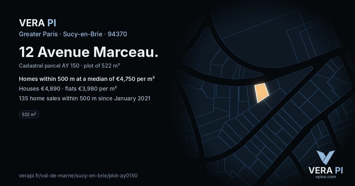 12 Avenue Marceau, Sucy-en-Brie at night – the plot lit, the parcels around coloured by the prices near them