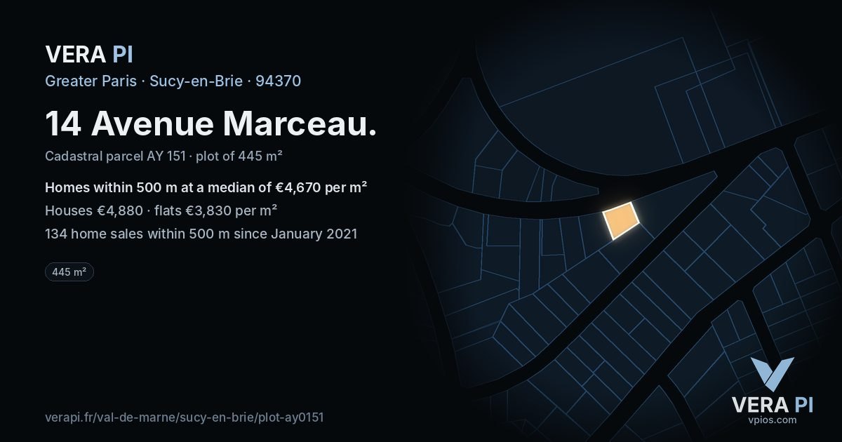 14 Avenue Marceau, Sucy-en-Brie at night – the plot lit, the parcels around coloured by the prices near them