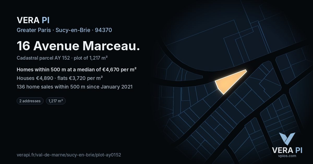 16 Avenue Marceau, Sucy-en-Brie at night – the plot lit, the parcels around coloured by the prices near them