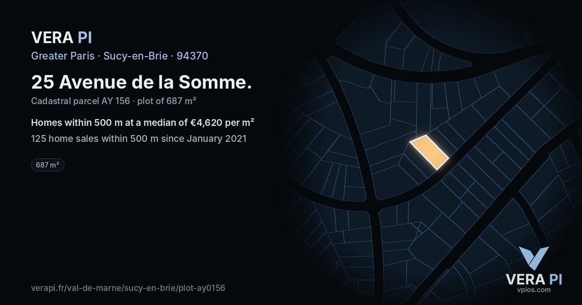 25 Avenue de la Somme, Sucy-en-Brie at night – the plot lit, the parcels around coloured by the prices near them