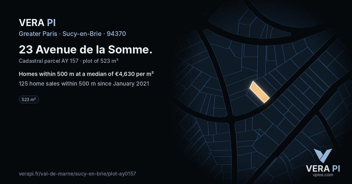 23 Avenue de la Somme, Sucy-en-Brie at night – the plot lit, the parcels around coloured by the prices near them