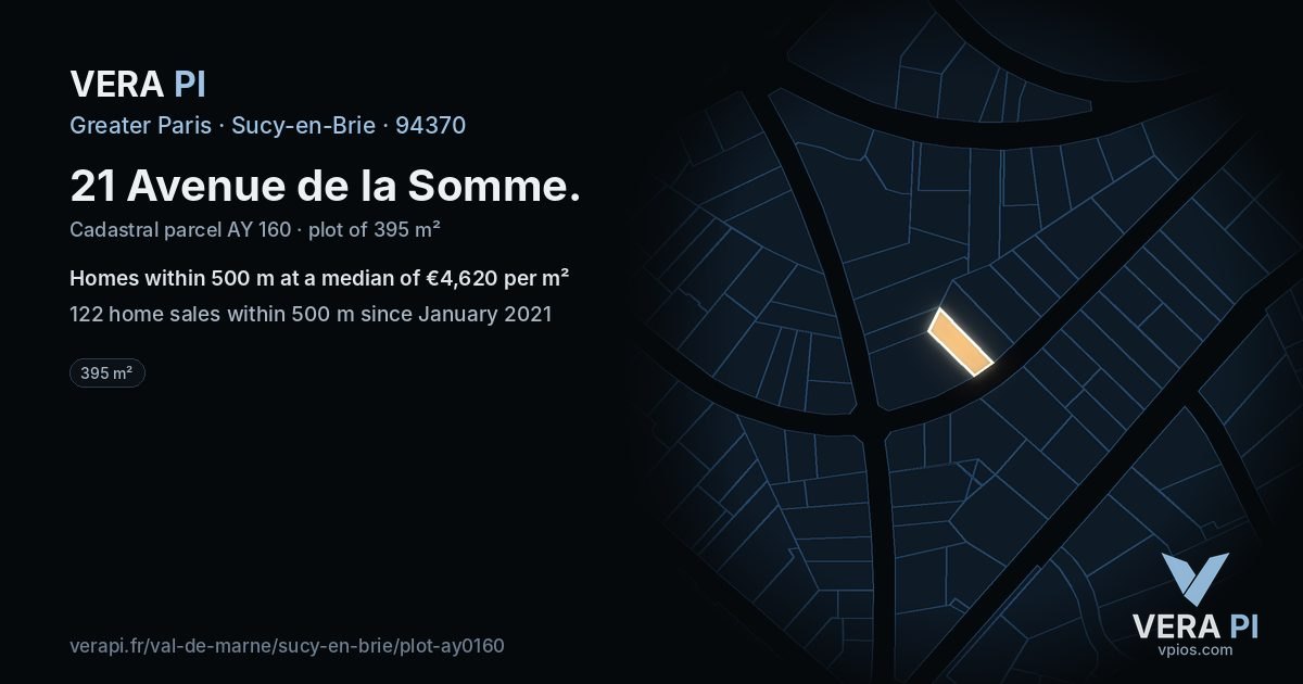 21 Avenue de la Somme, Sucy-en-Brie at night – the plot lit, the parcels around coloured by the prices near them