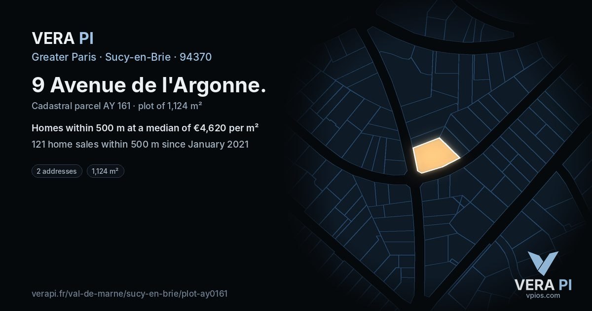 9 Avenue de l'Argonne, Sucy-en-Brie at night – the plot lit, the parcels around coloured by the prices near them