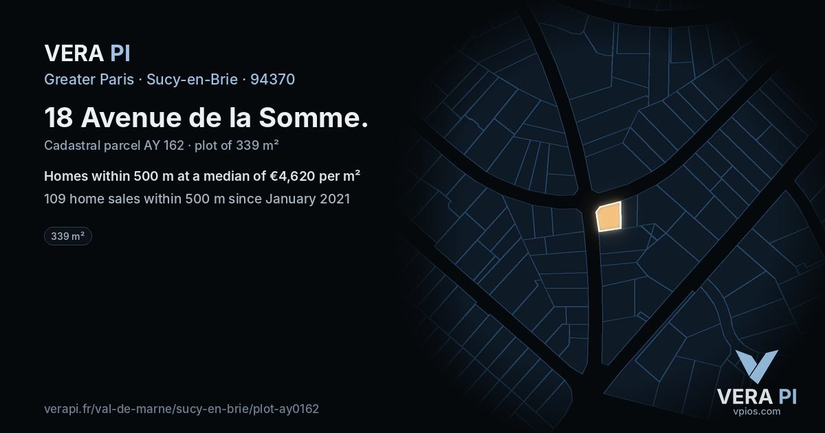 18 Avenue de la Somme, Sucy-en-Brie at night – the plot lit, the parcels around coloured by the prices near them