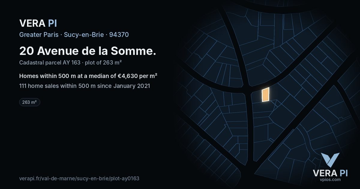 20 Avenue de la Somme, Sucy-en-Brie at night – the plot lit, the parcels around coloured by the prices near them