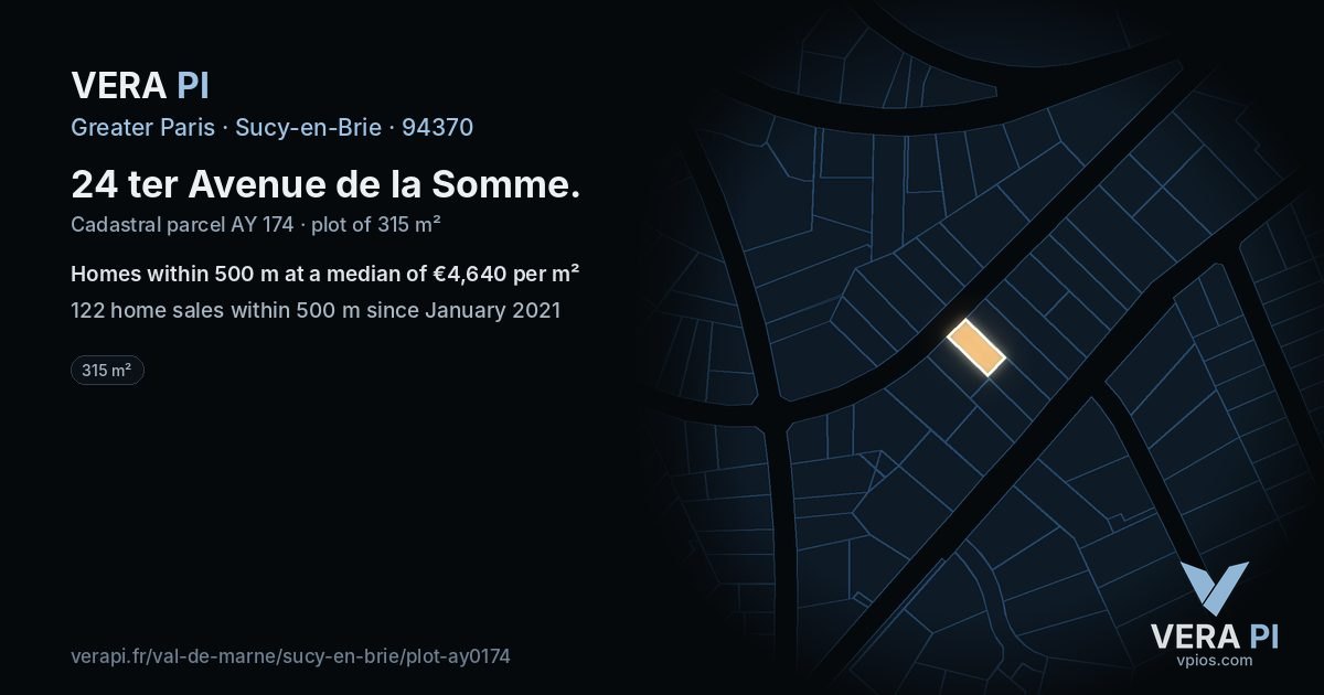 24 ter Avenue de la Somme, Sucy-en-Brie at night – the plot lit, the parcels around coloured by the prices near them