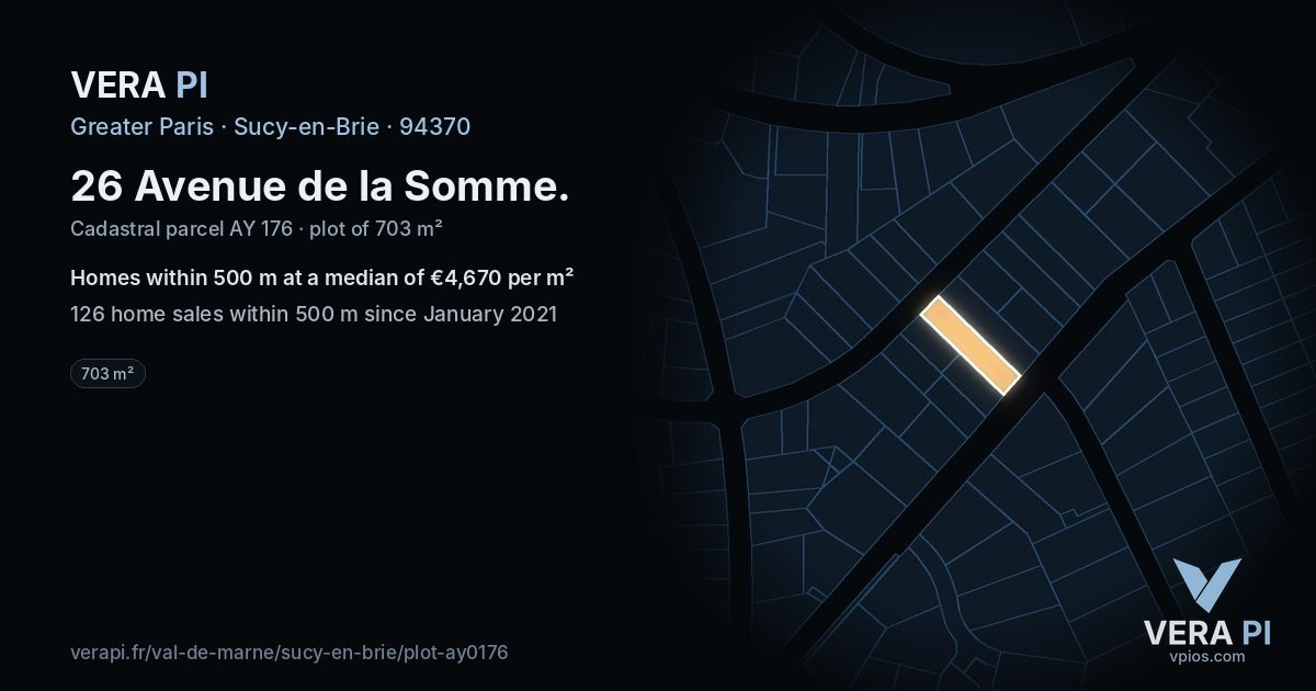 26 Avenue de la Somme, Sucy-en-Brie at night – the plot lit, the parcels around coloured by the prices near them