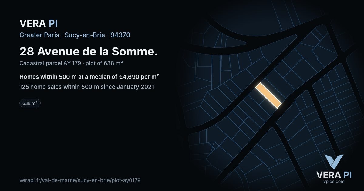 28 Avenue de la Somme, Sucy-en-Brie at night – the plot lit, the parcels around coloured by the prices near them