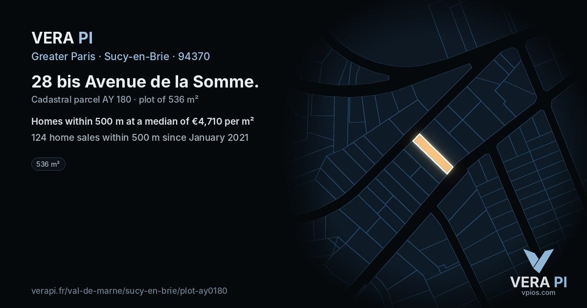 28 bis Avenue de la Somme, Sucy-en-Brie at night – the plot lit, the parcels around coloured by the prices near them