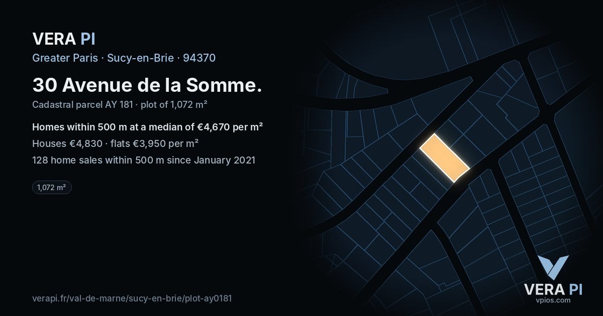 30 Avenue de la Somme, Sucy-en-Brie at night – the plot lit, the parcels around coloured by the prices near them