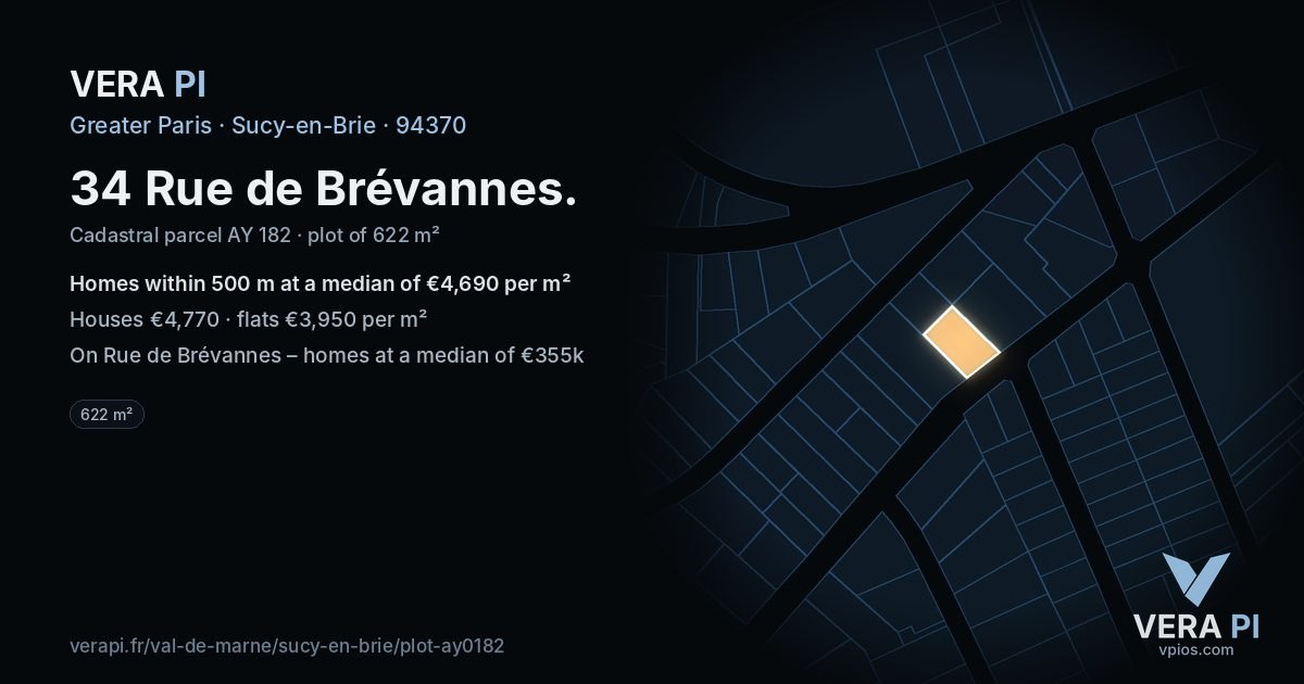 34 Rue de Brévannes, Sucy-en-Brie at night – the plot lit, the parcels around coloured by the prices near them
