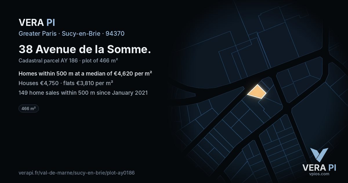 38 Avenue de la Somme, Sucy-en-Brie at night – the plot lit, the parcels around coloured by the prices near them