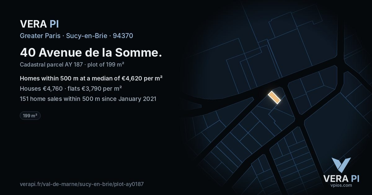 40 Avenue de la Somme, Sucy-en-Brie at night – the plot lit, the parcels around coloured by the prices near them