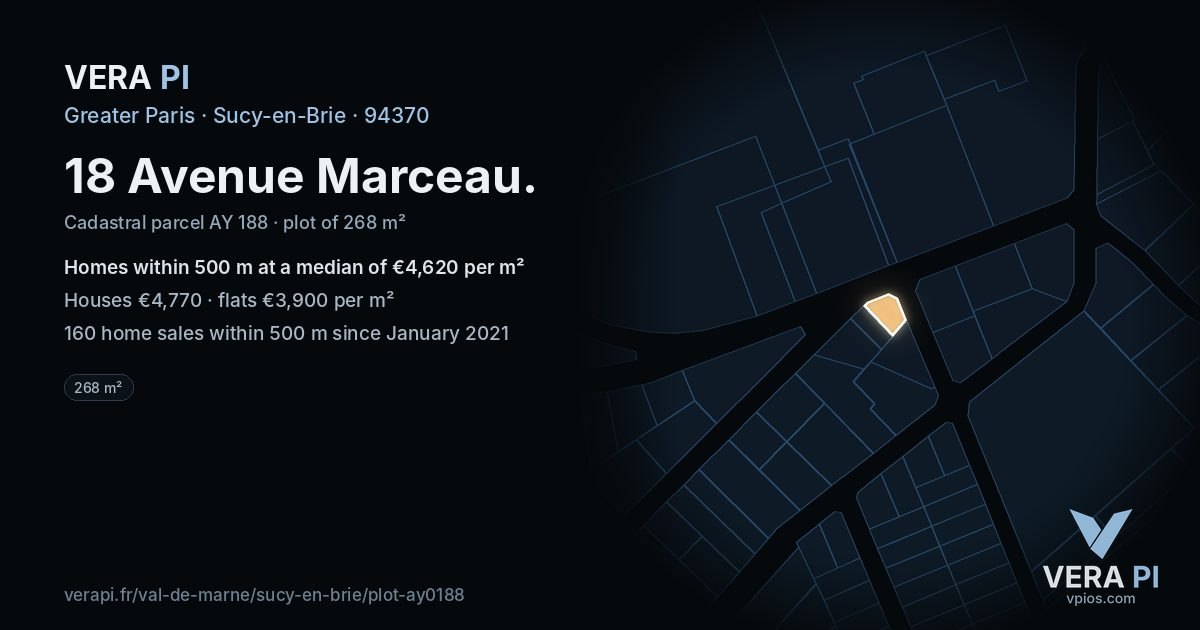 18 Avenue Marceau, Sucy-en-Brie at night – the plot lit, the parcels around coloured by the prices near them