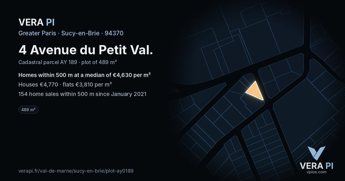 4 Avenue du Petit Val, Sucy-en-Brie at night – the plot lit, the parcels around coloured by the prices near them
