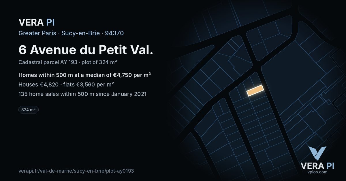 6 Avenue du Petit Val, Sucy-en-Brie at night – the plot lit, the parcels around coloured by the prices near them