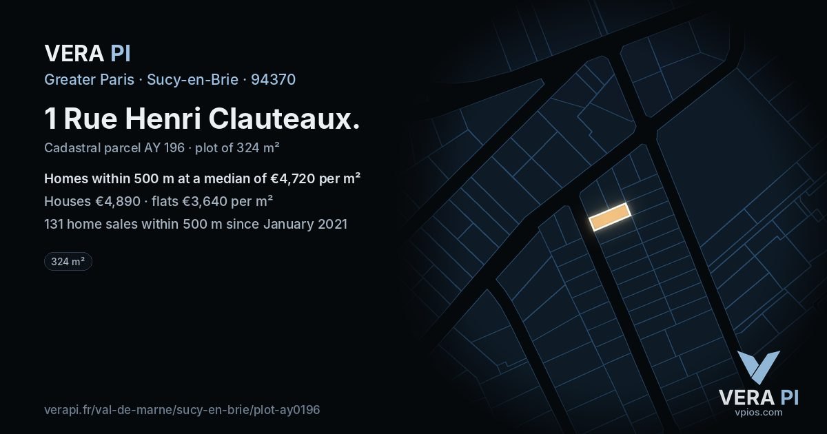 1 Rue Henri Clauteaux, Sucy-en-Brie at night – the plot lit, the parcels around coloured by the prices near them