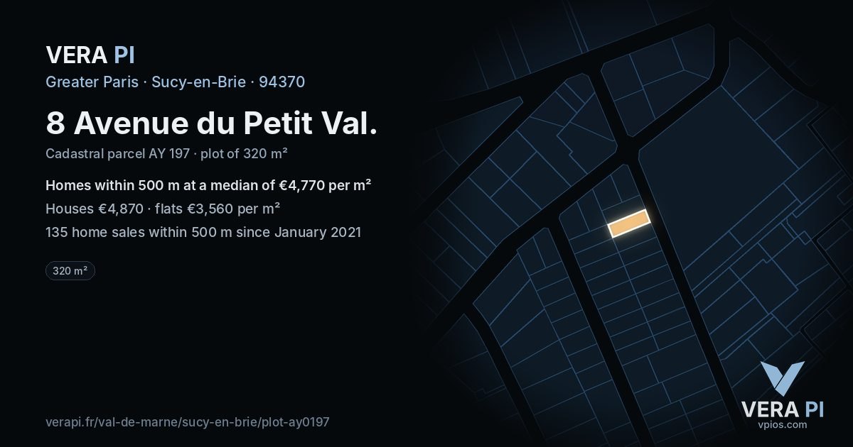 8 Avenue du Petit Val, Sucy-en-Brie at night – the plot lit, the parcels around coloured by the prices near them