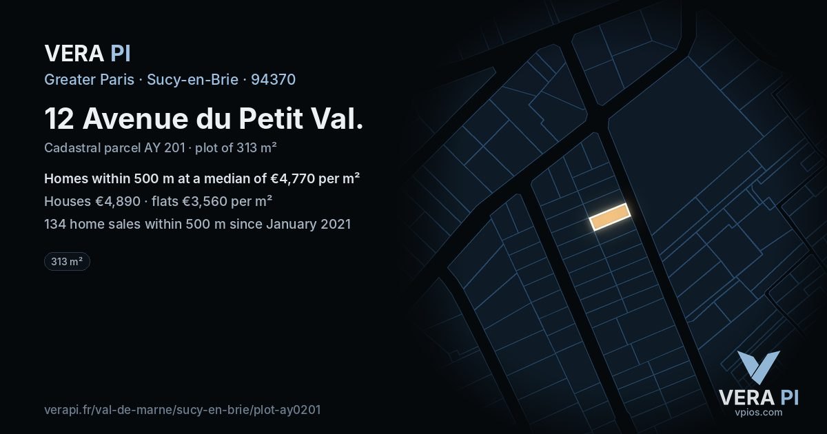 12 Avenue du Petit Val, Sucy-en-Brie at night – the plot lit, the parcels around coloured by the prices near them