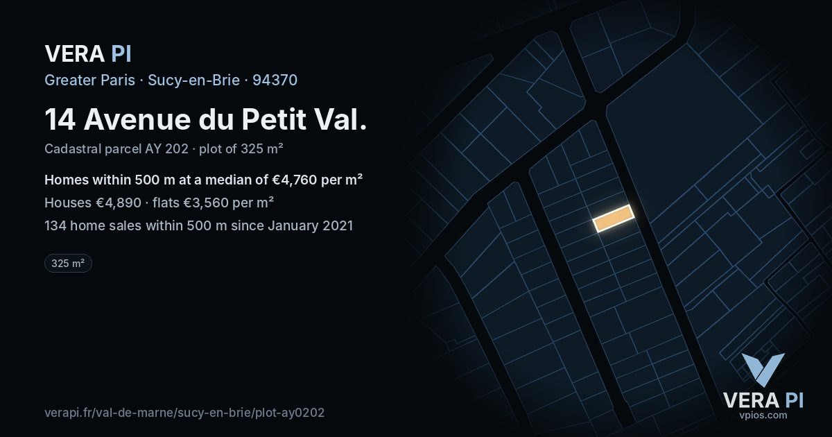 14 Avenue du Petit Val, Sucy-en-Brie at night – the plot lit, the parcels around coloured by the prices near them