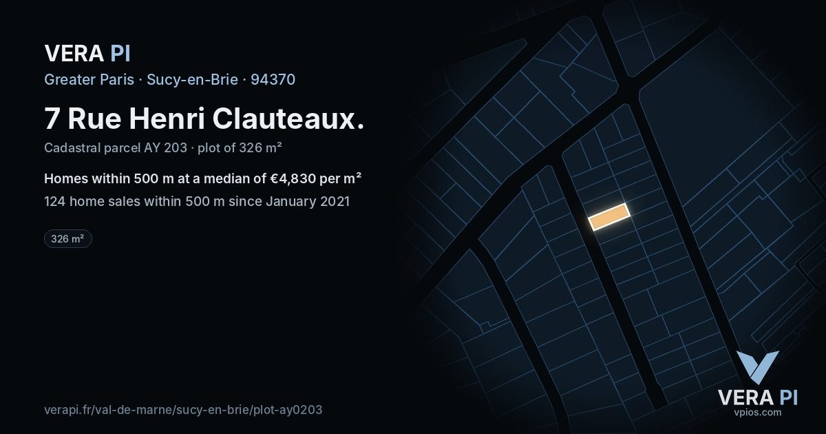 7 Rue Henri Clauteaux, Sucy-en-Brie at night – the plot lit, the parcels around coloured by the prices near them