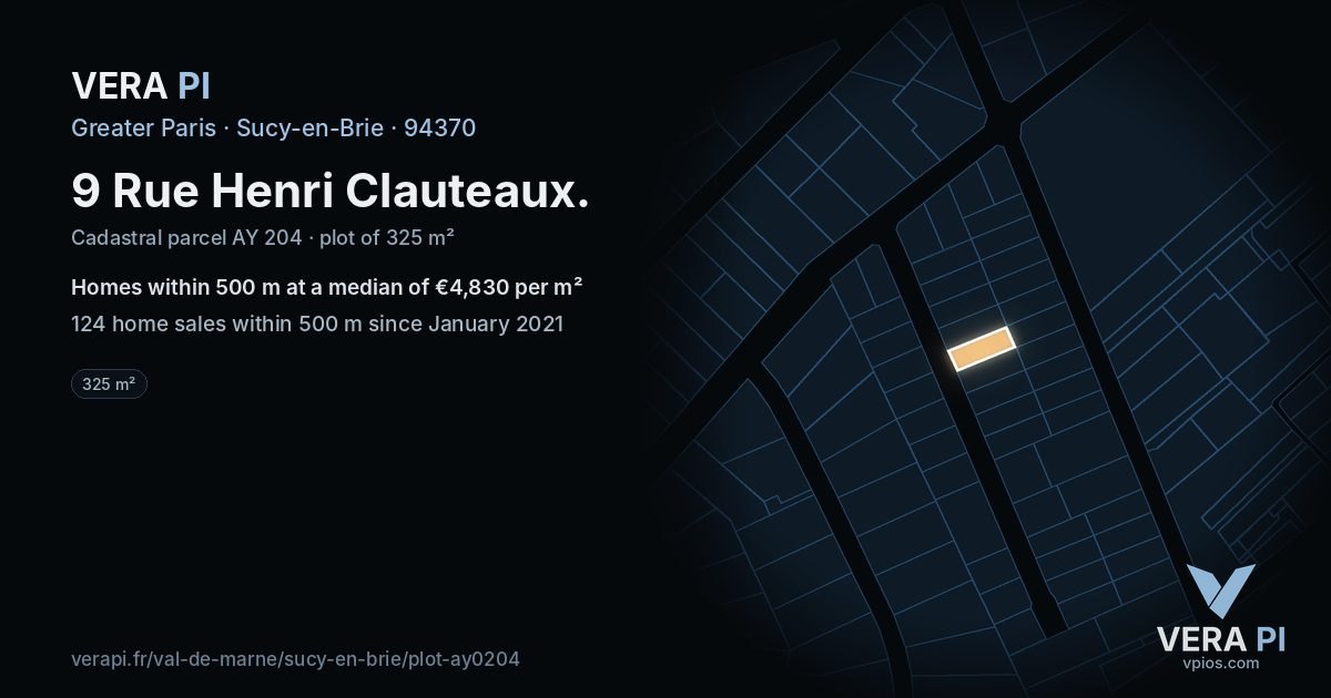 9 Rue Henri Clauteaux, Sucy-en-Brie at night – the plot lit, the parcels around coloured by the prices near them